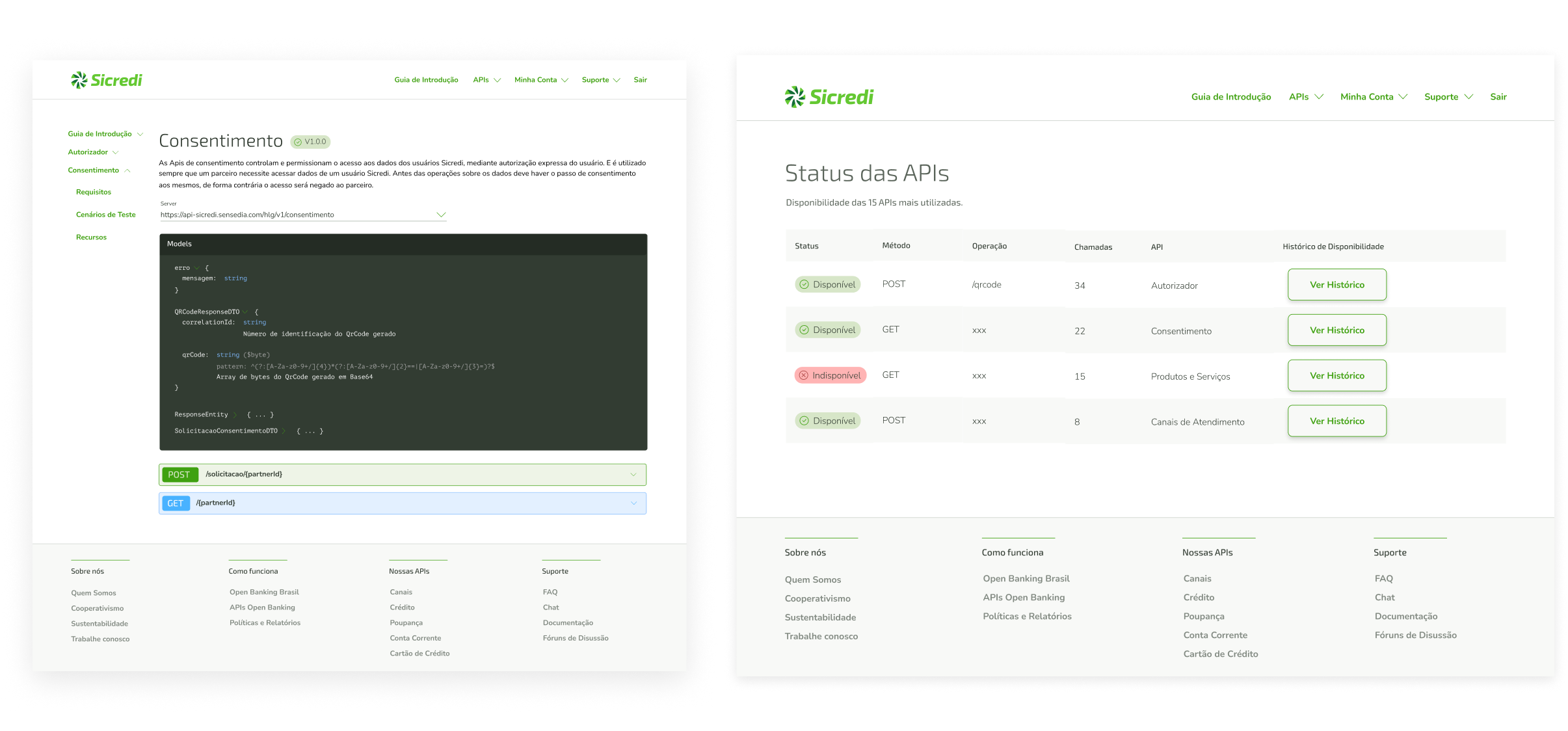 Telas de registro e Status do API Dev Portal